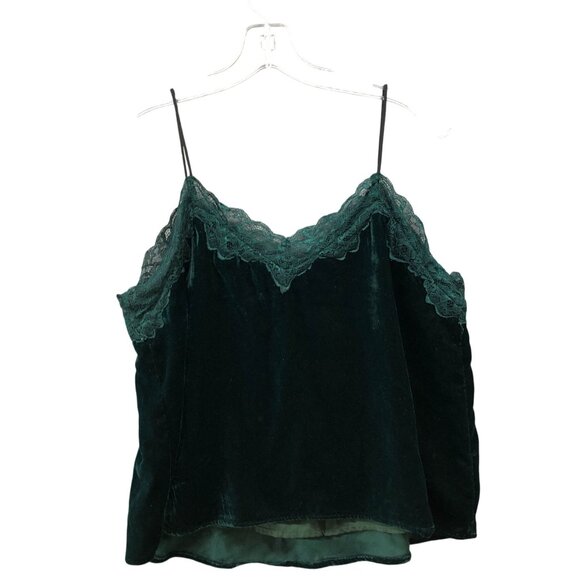 J.O.A. Velvet Cami Top Womens M Emerald Green V-Neck Lace Trim - Picture 2 of 9
